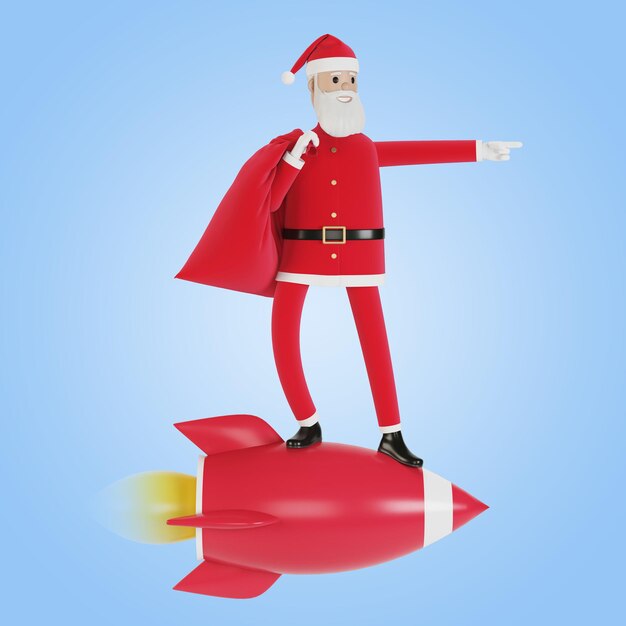 Feliz personaje de Santa Claus con una bolsa de regalos vuela en un cohete. Para tarjetas de Navidad, pancartas y etiquetas. Ilustración 3D en estilo de dibujos animados.