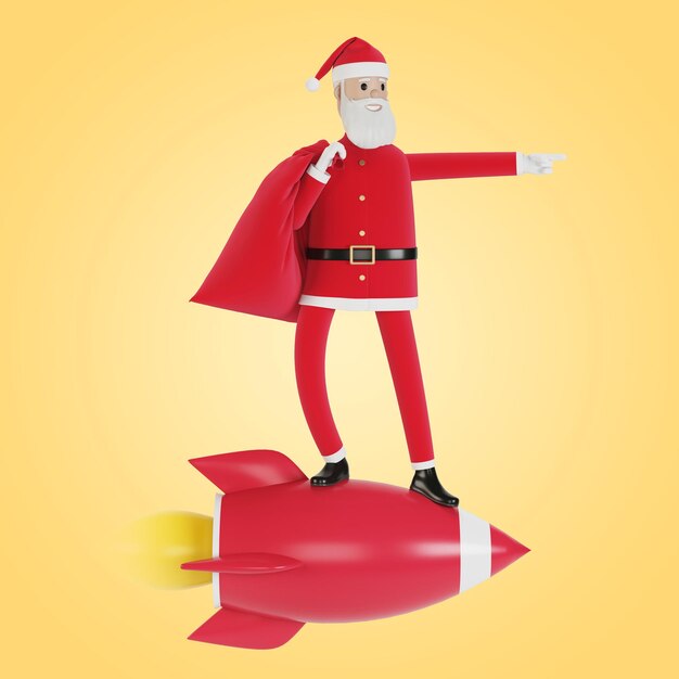 Feliz personaje de Santa Claus con una bolsa de regalos vuela en un cohete. Para tarjetas de Navidad, pancartas y etiquetas. Ilustración 3D en estilo de dibujos animados.