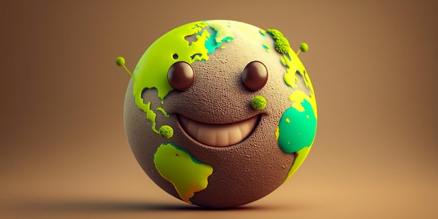 Feliz planeta tierra con cara sonriente Ilustración 3D Representación 3D