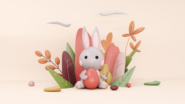 Feliz plantilla de tarjeta de felicitación de Pascua con conejo y huevos 3d render fondo festivo.