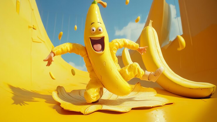 Foto un feliz plátano de dibujos animados está corriendo en una cáscara de plátano en un entorno amarillo con otros plátanos cayendo a su alrededor