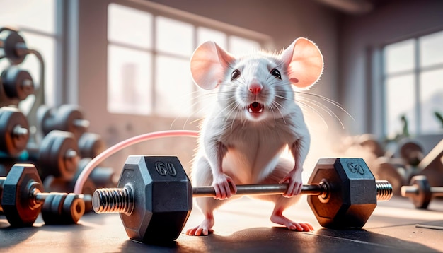 Foto feliz positivo bonito rato pequeno jogando esportes na academia trabalhando fora