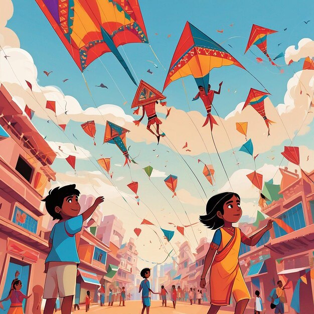 Foto feliz poster del festival de makar sankranti sankrant o vacaciones del calendario niños volando cometas