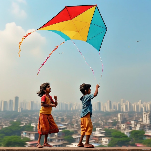 Foto feliz poster del festival de makar sankranti sankrant o vacaciones del calendario niños volando cometas