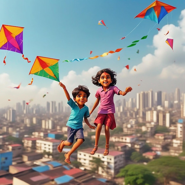 Foto feliz poster del festival de makar sankranti sankrant o vacaciones del calendario niños volando cometas