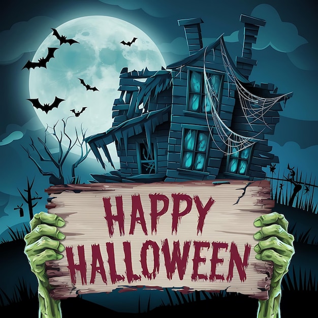 Feliz póster de Halloween de una luna llena en el cielo nocturno y una casa de zombies en el fondo