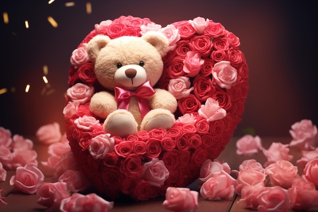 Feliz presente de Dia dos Namorados na forma de um ursinho de pelúcia coração e flores