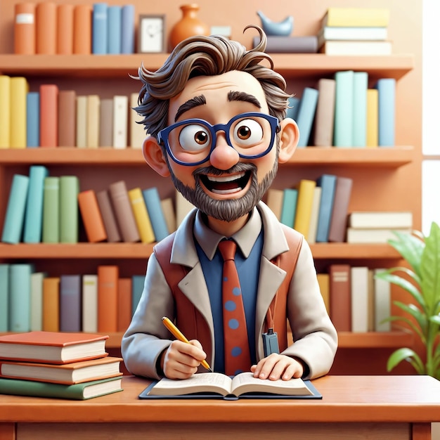 Feliz profesor de dibujos animados escribiendo en un libro en la biblioteca