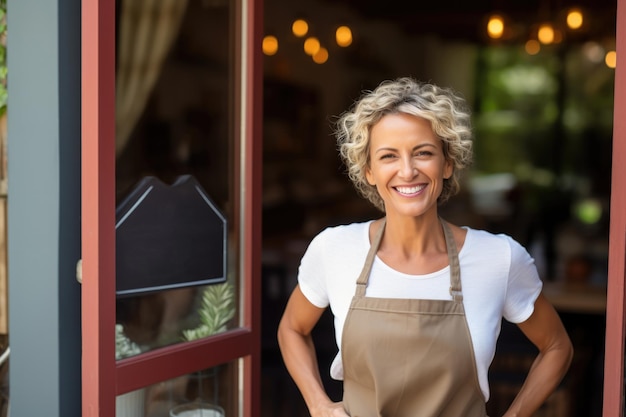 Feliz propietario de un café de mediana edad parado en la entrada del restaurante esperando nuevos clientes