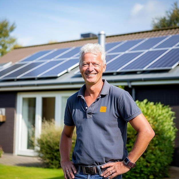 Feliz propietario de una casa residencial de pie frente a la casa con paneles solares realistas en el techo