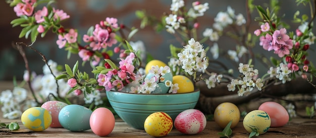 Feliz puesta de fiesta de Pascua con huevos y flores de colores