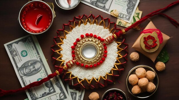 Foto feliz raksha bandhan ou rakhi cartão de saudação usando designer fio diya pooja thali caixa de presente ind