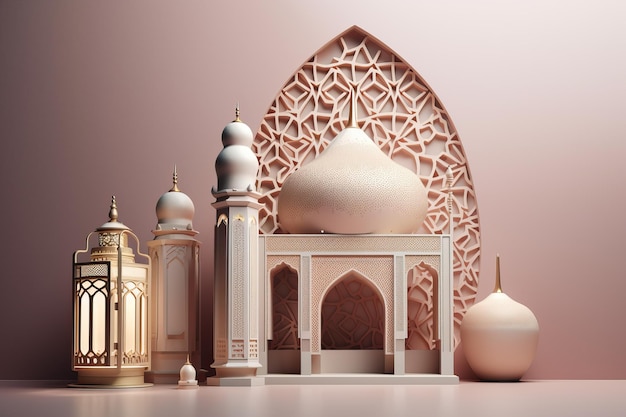 Feliz Ramadán Kareem Mezquita farol patrón árabe geométrico para el fondo AI generado