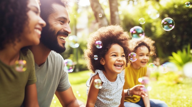 Feliz raza mixta Familia con niños soplan burbujas de jabón al aire libre