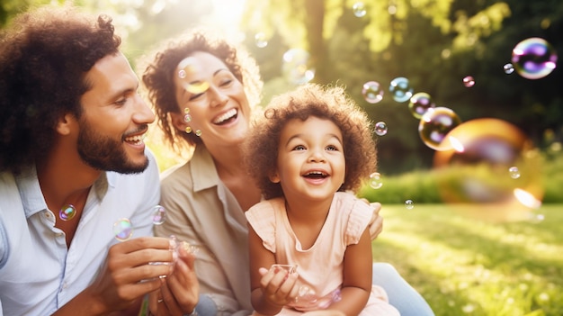 Foto feliz raza mixta familia con niños soplan burbujas de jabón al aire libre