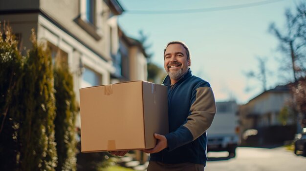 Feliz repartidor de feria en uniforme llevando una enorme caja a la puerta de la casa un enorme camión de reparto borroso en el fondo