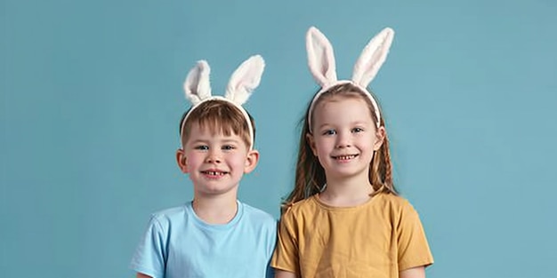 Feliz retrato de niños de Pascua en orejas de conejo