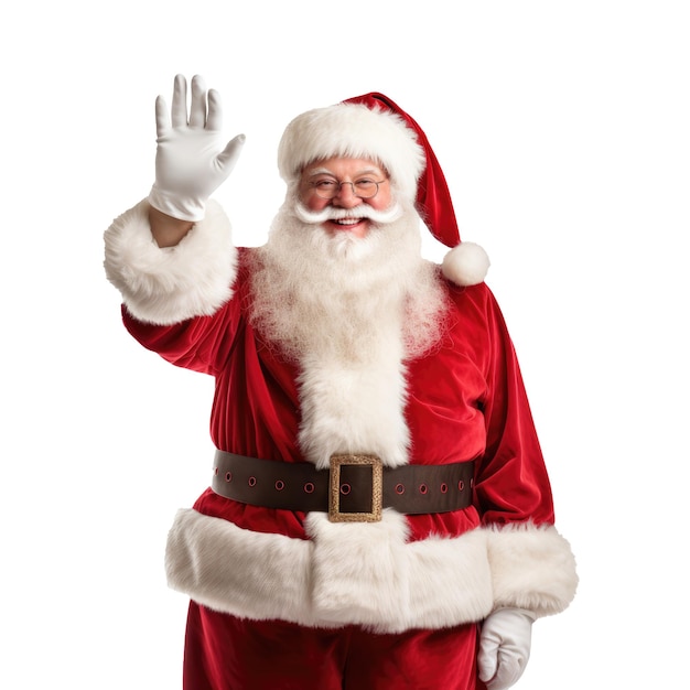 Foto feliz retrato de papá noel agitando su mano sobre un fondo blanco