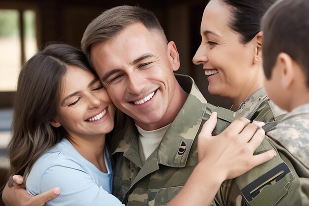 Foto feliz reunión del soldado con la familia hijo abrazo padre