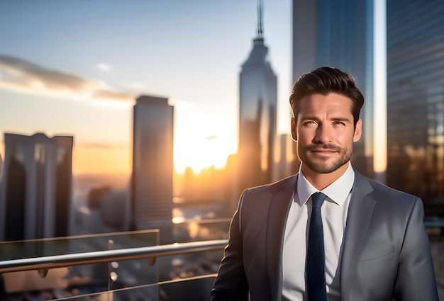 Foto feliz rico hombre de negocios exitoso de pie en la gran ciudad