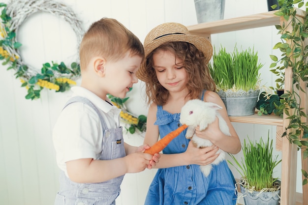 Feliz rindo menina e menino brincando com um bebê coelho