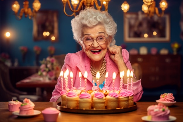 Feliz rindo mulher de 80 anos usa terno rosa e óculos comemora aniversário com bolo