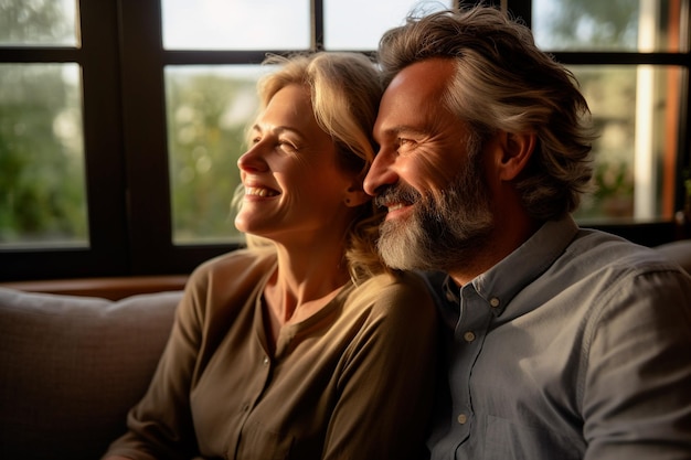 Feliz risa de pareja de mediana edad uniéndose mientras se relaja sentado en el sofá