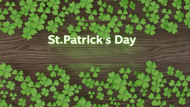 Feliz Saint Patricks Day com texto iluminado com trevo fresco verde deixa renderização em 3D