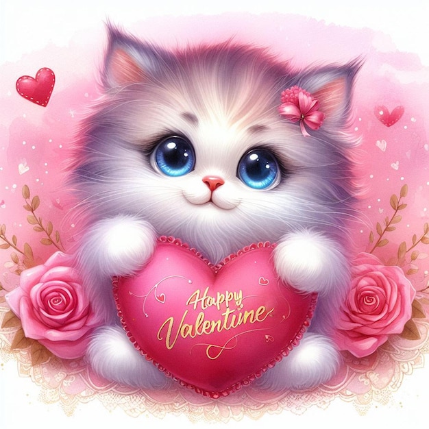 Feliz San Valentín lindo gatito con linda almohada