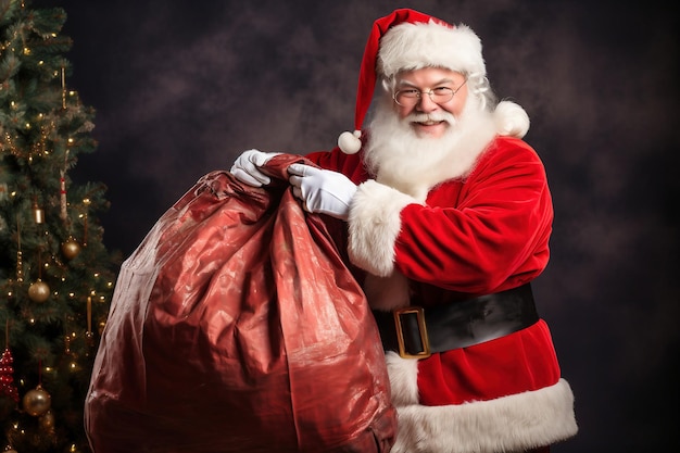 Feliz Santa Claus con una gran bolsa de regalos para niños en el fondo del árbol de Navidad Feliz Navidad Concepto de Nochevieja Imagen brillante de Santa para publicidad y diseño