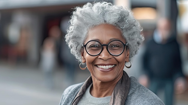 Feliz satisfecha gente negra senior mujer con gafas retrato fuera de Generative Ai