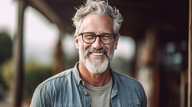 Feliz satisfecho senior hombre con gafas retrato fuera de Generative Ai