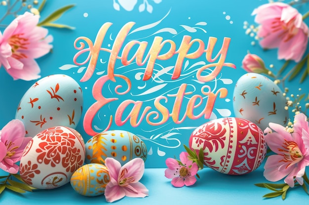 Feliz saudação de Páscoa com ovos coloridos e flores de primavera