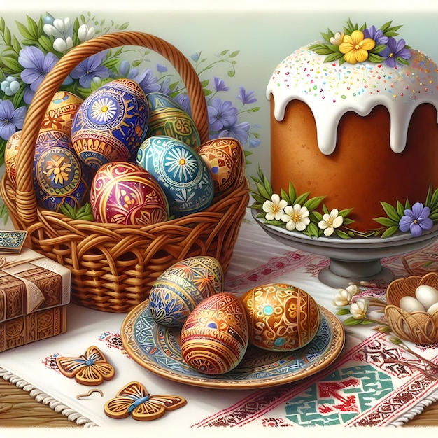 Feliz saudação de Páscoa com uma cesta de ovos decorados e bolo tradicional