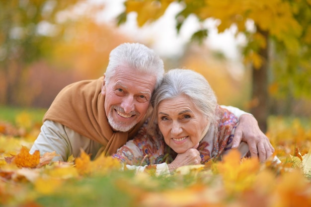 Feliz senior mujer y hombre en el parque