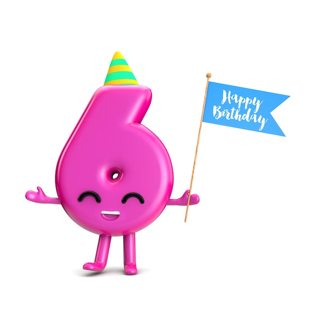 Feliz sexto cumpleaños lindo personaje de fiesta con sombrero y bandera 3D Rendering