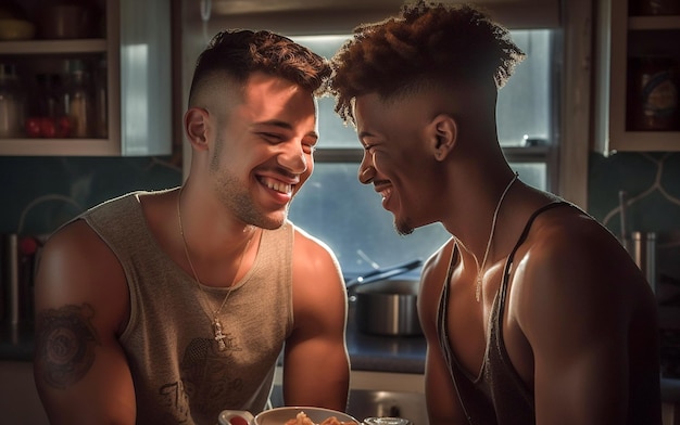 Feliz y sexy pareja gay joven cocinando comida juntos en casa