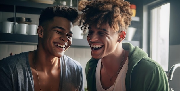 Feliz y sexy pareja gay joven cocinando comida juntos en casa