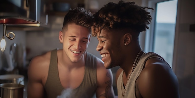 Feliz y sexy pareja gay joven cocinando comida juntos en casa