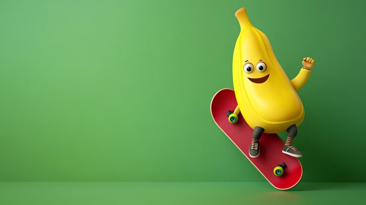 Foto un feliz skateboard de plátano de dibujos animados en un fondo verde