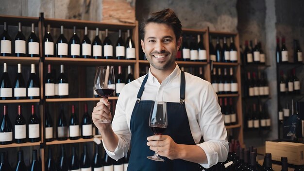 Foto el feliz sommelier de vino sonriente está listo para probar el nuevo vino rojo en la boutique de vino artesanal