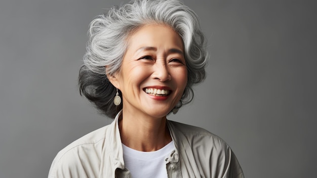 Feliz y sonriente belleza atractiva mujer mayor asiática aislada en un retrato de estudio de fondo liso