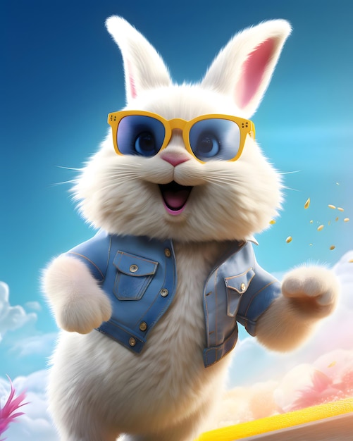 Un feliz, sonriente y colorido conejito de Pascua con gafas de sol