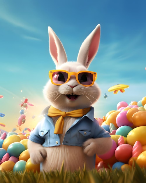 Un feliz, sonriente y colorido conejito de Pascua con gafas de sol