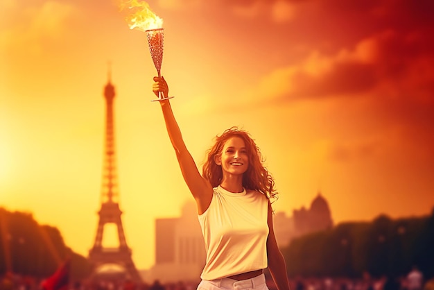 Foto una feliz y sonriente deportista levanta la llama olímpica en su mano en la calle de parís durante los juegos olímpicos