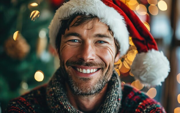 feliz sonriente hombre guapo con sombrero de Papá Noel en el fondo de Navidad