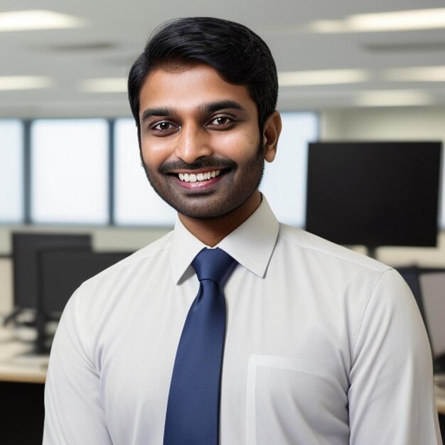 feliz sonriente hombre de negocios indio líder mira lejos con confianza de pie en la oficina sonriente joven empresario profesional gerente y ejecutivo de la India