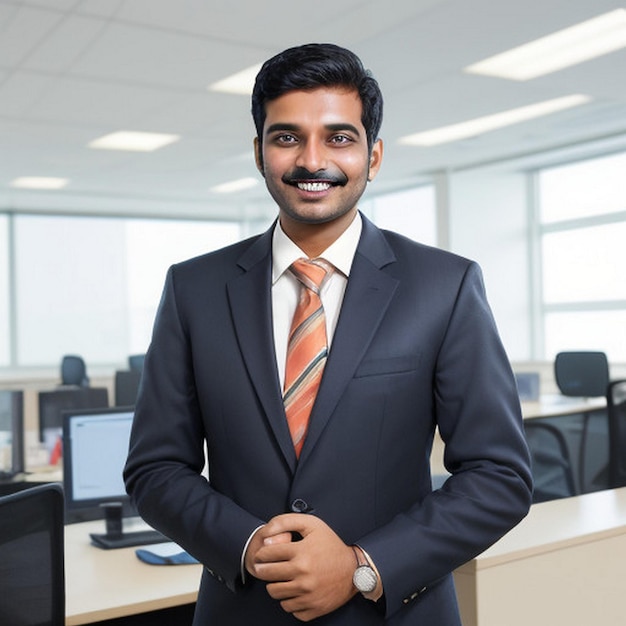 feliz sonriente hombre de negocios indio líder mira lejos con confianza de pie en la oficina sonriente joven empresario profesional gerente y ejecutivo de la India