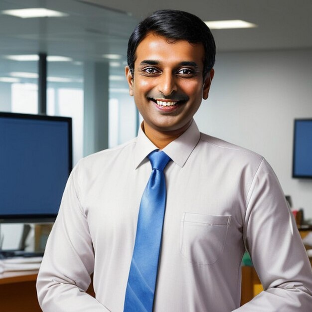 Foto feliz sonriente hombre de negocios indio líder mira lejos con confianza de pie en la oficina sonriente joven empresario profesional gerente y ejecutivo de la india