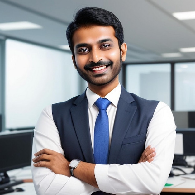 feliz sonriente hombre de negocios indio líder mira lejos con confianza de pie en la oficina sonriente joven empresario profesional gerente y ejecutivo de la India